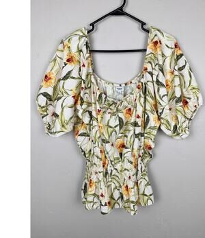 Kensie Jeans Blouse Tropical Floral Smocked Peplum Top On Off Shoulder Women's L